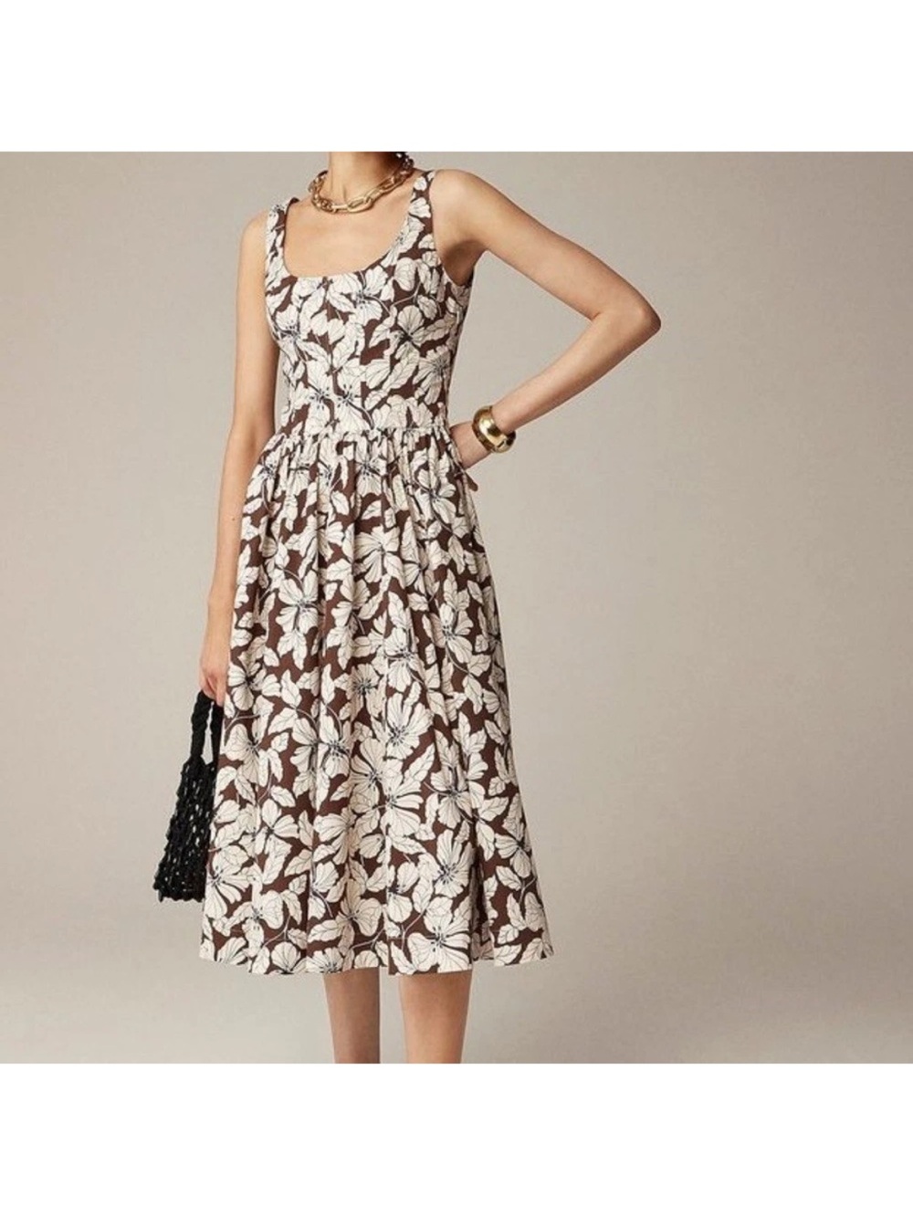 J Crew Fit and Flare Brown & Beige Floral Cotton Poplin Midi Dress  Sz 0. NWT